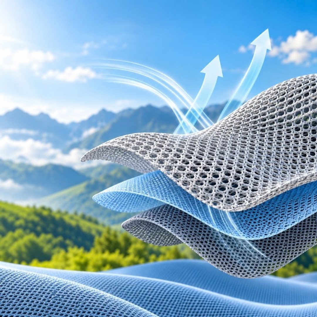 Layered breathable Functional Mesh fabrics with airflow arrows