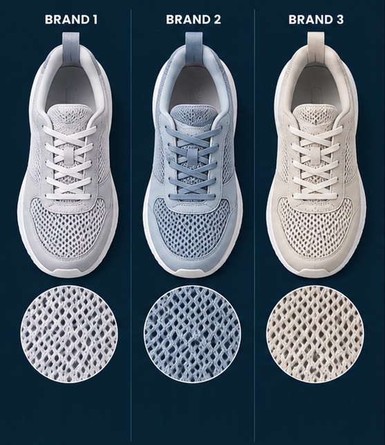 Three brands' shoes built on the same base material and mesh fabric