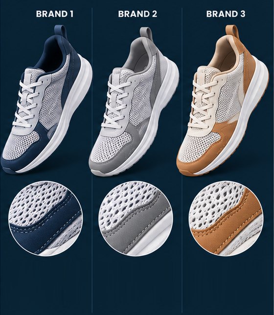 Three brands' shoes that differ only in shape, colour and overlays at the edges