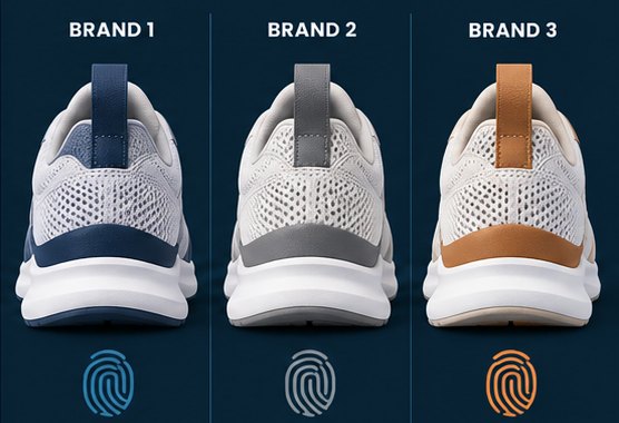 Three brands' shoes from behind, each with a near-identical fingerprint