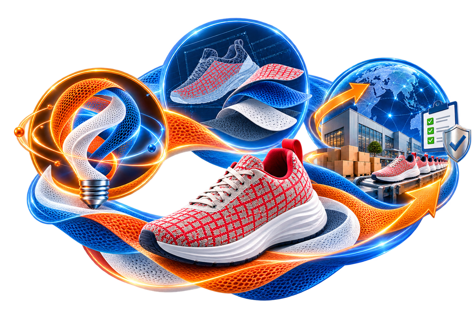From idea to engineered mesh design to scaled, quality-checked production for global markets, around a KASEN mesh shoe