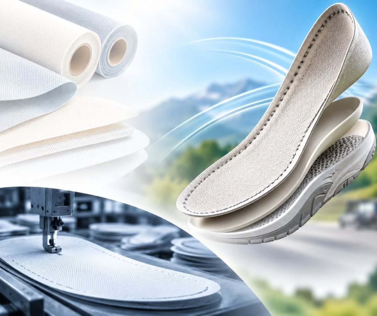 Strobel insole material: fabric rolls, stitching and a layered insole