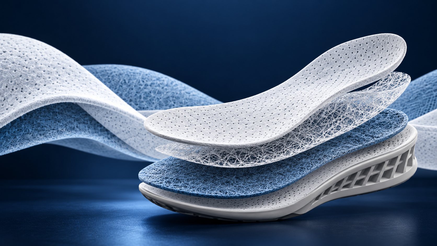 Layered Strobel insole construction over flowing mesh