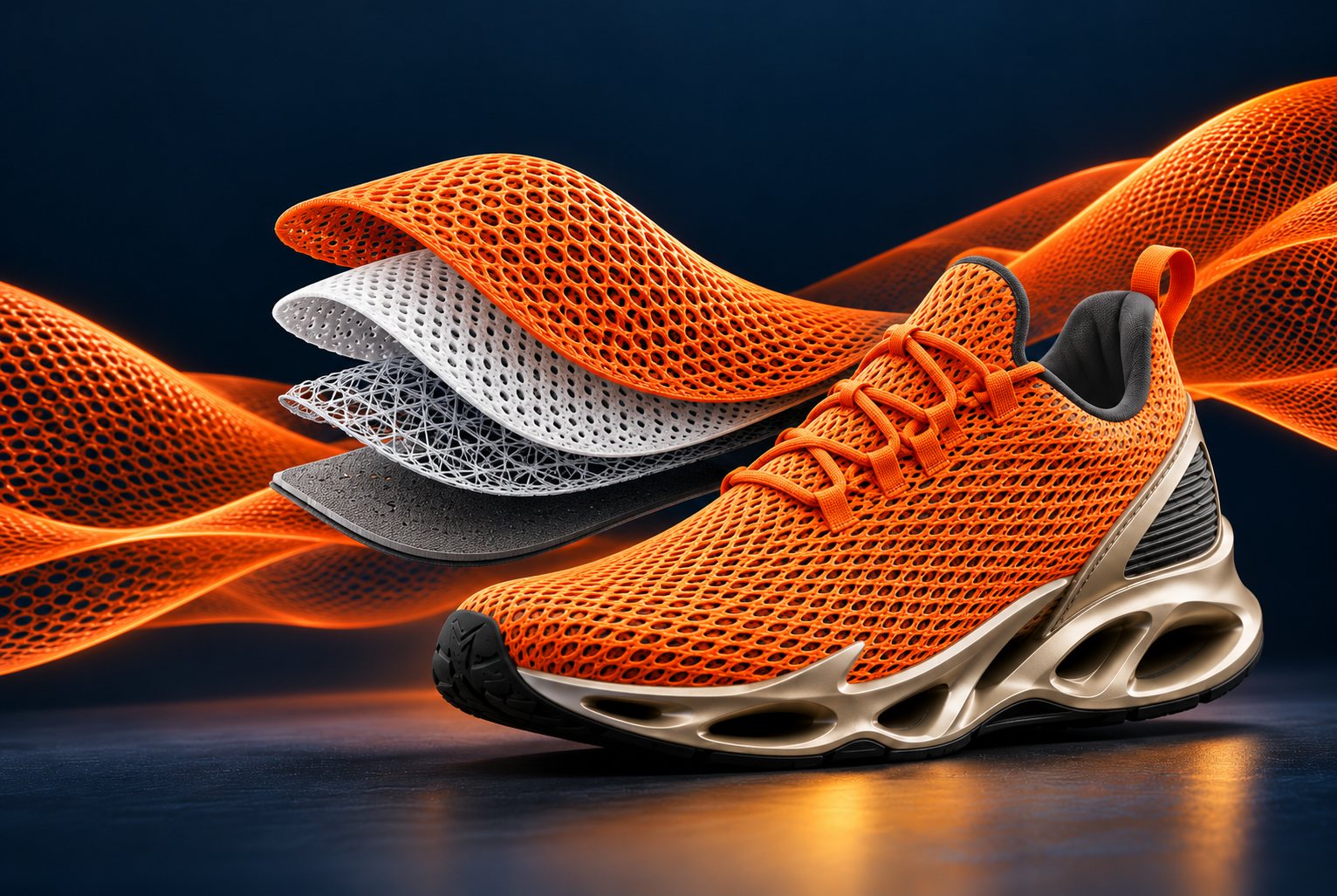 Orange Super Mesh shoe with its layered mesh construction